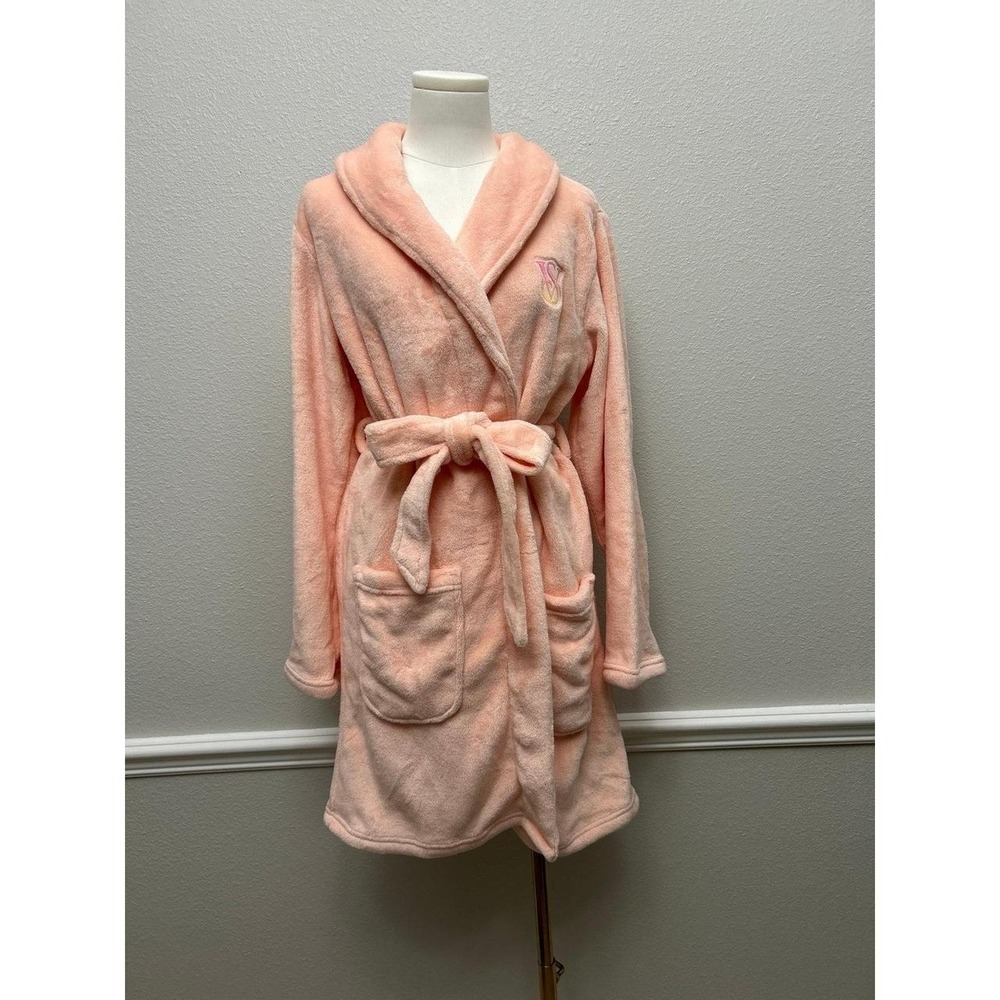 NWT Victoria's Secret Plush Robe Peach Pink Ombre VS Embroidered Logo XS/S